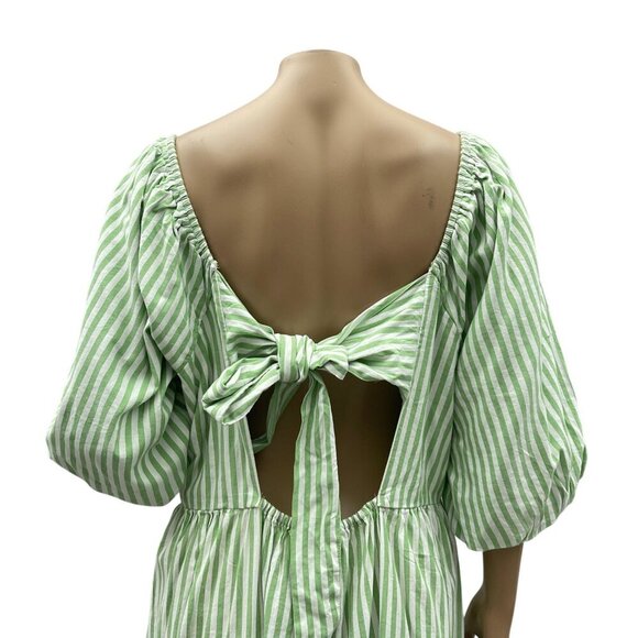 Beachlunchlounge Women Back Bow Babydoll Dress Balloon‎ Sleeve Striped Green L - Picture 14 of 15
